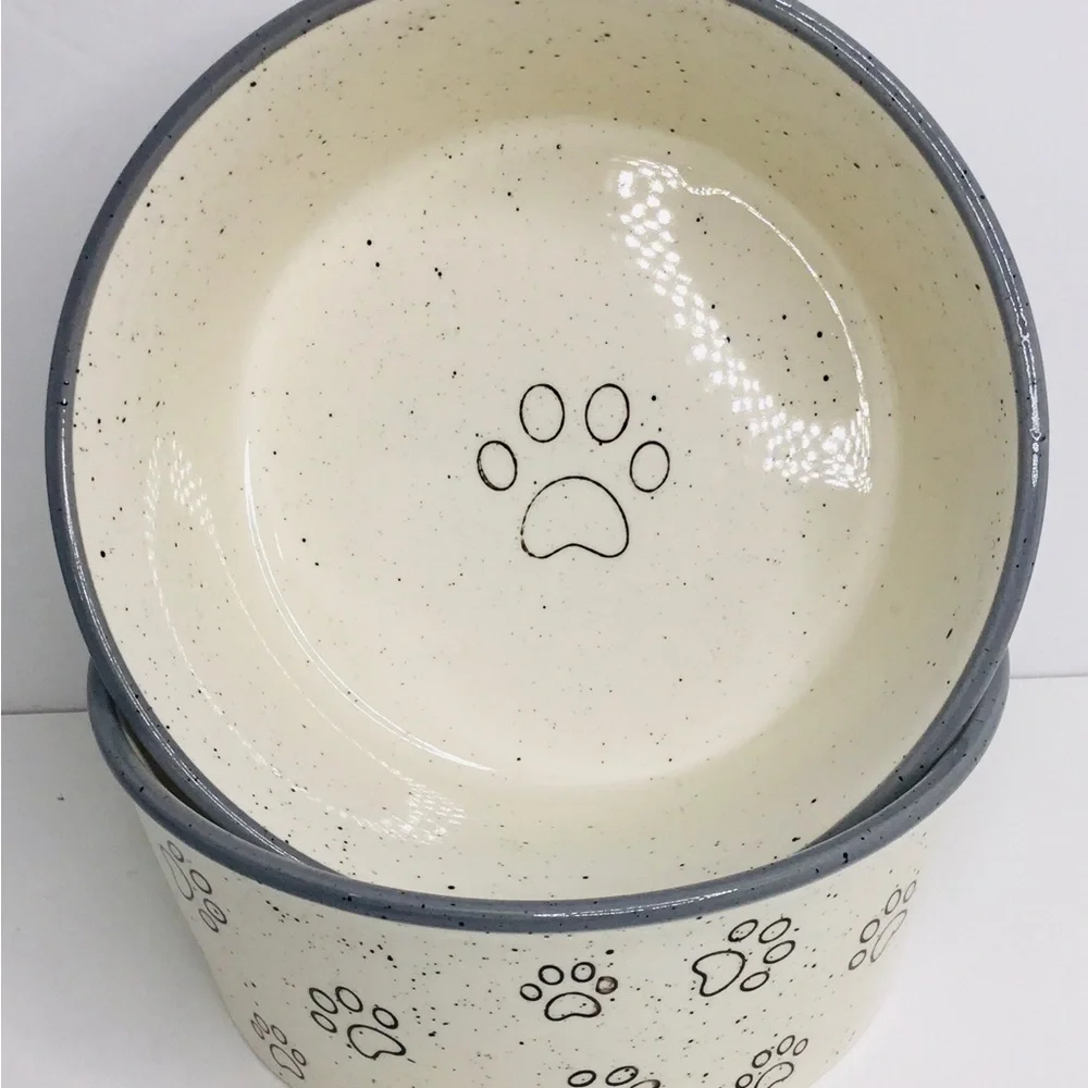2 Pet Bowl Cat Kitten PAWS Food Water Dish Bowl Pacifica Pottery Gray New